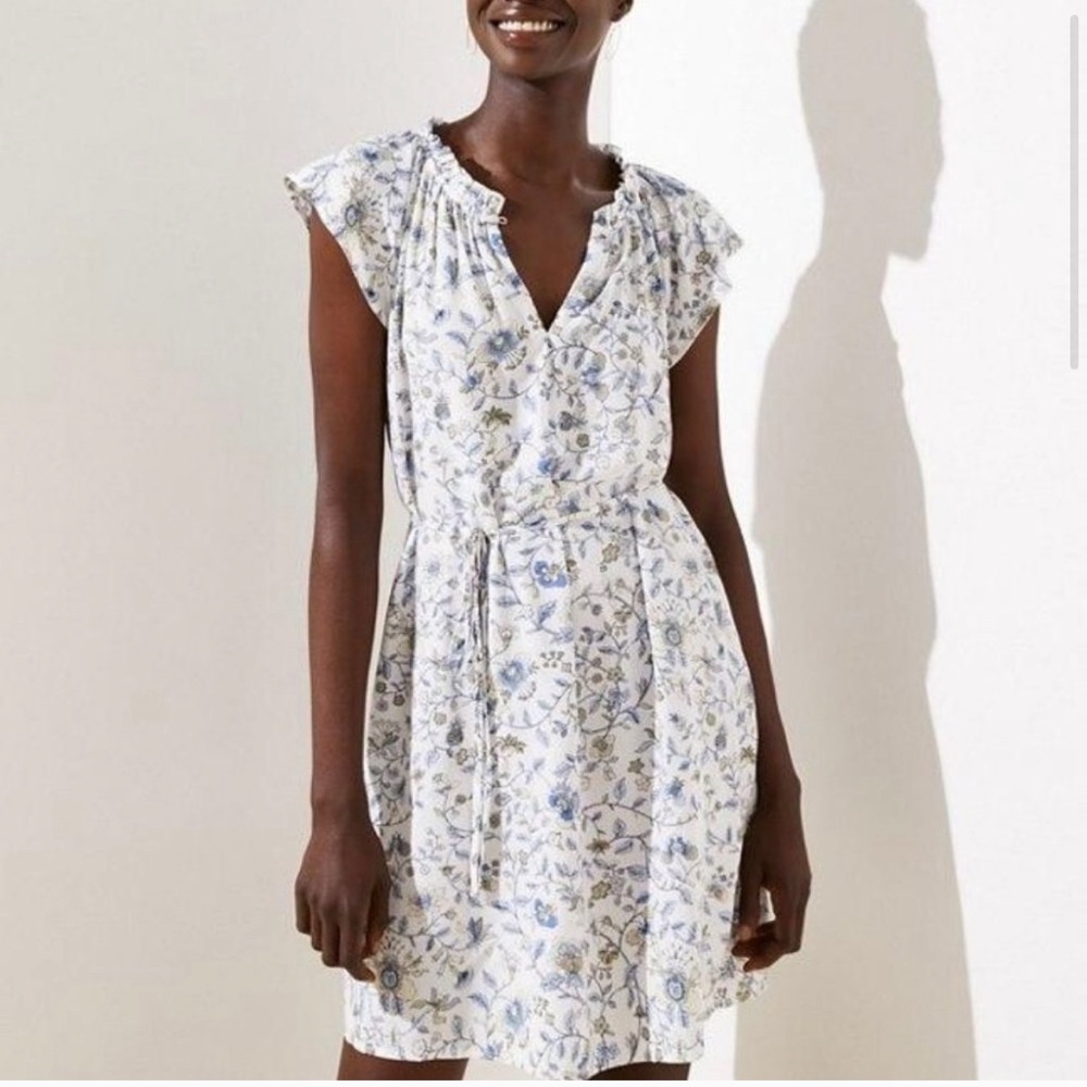 Loft floral ruffle split neck tie waist dress